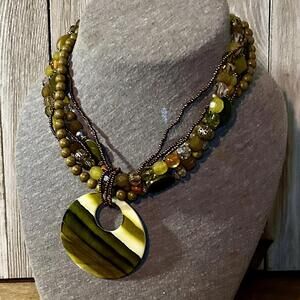 Multi-Strand Green Beaded Necklace with Round Pendant